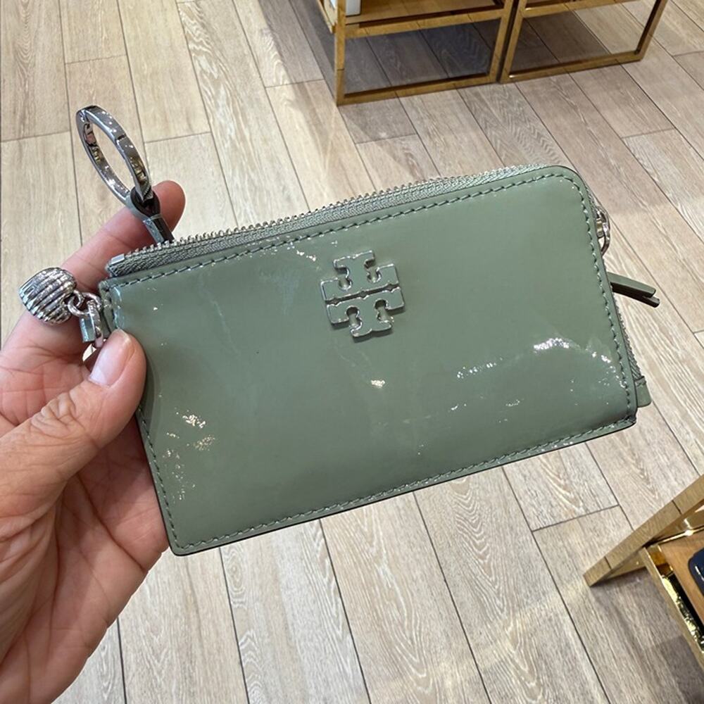 Tory Burch Britten Patent Charms Zip Card Case 180073 Light Jade $180